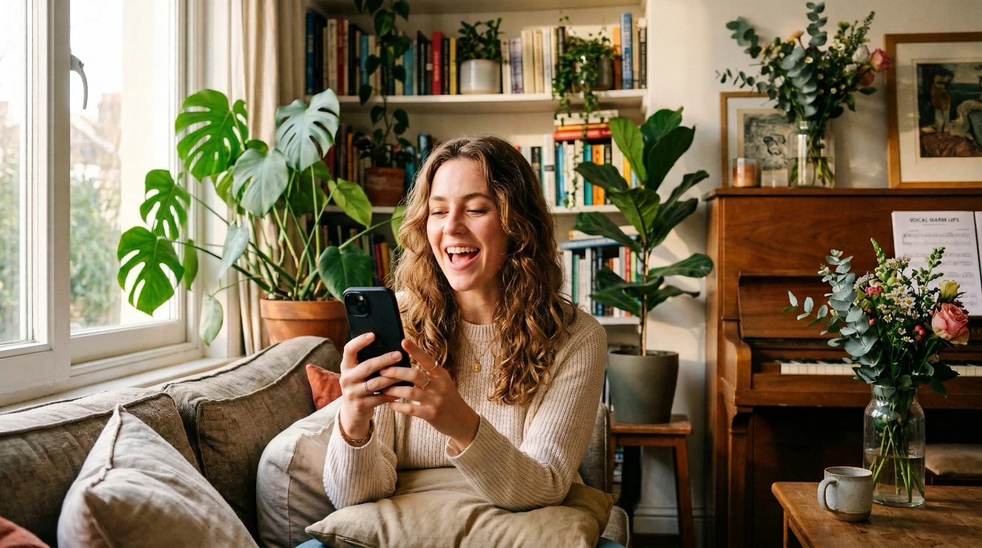 Hero image — person practicing alone at home with a phone in the hand