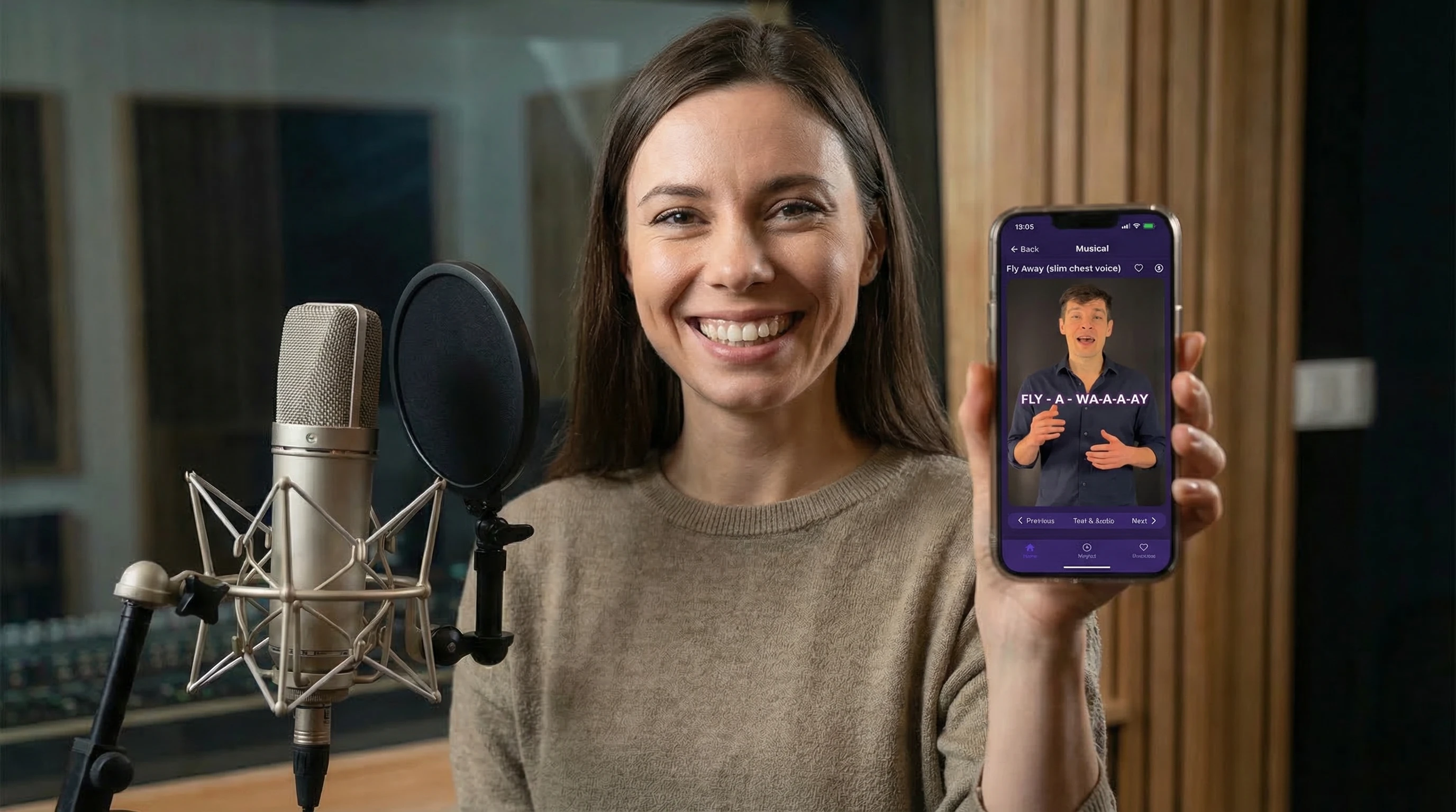 An image of a woman showing the screen of a phone with a vocal exercise on it, to the camera, and smiling, happy that she can practice her vocal technique every day.