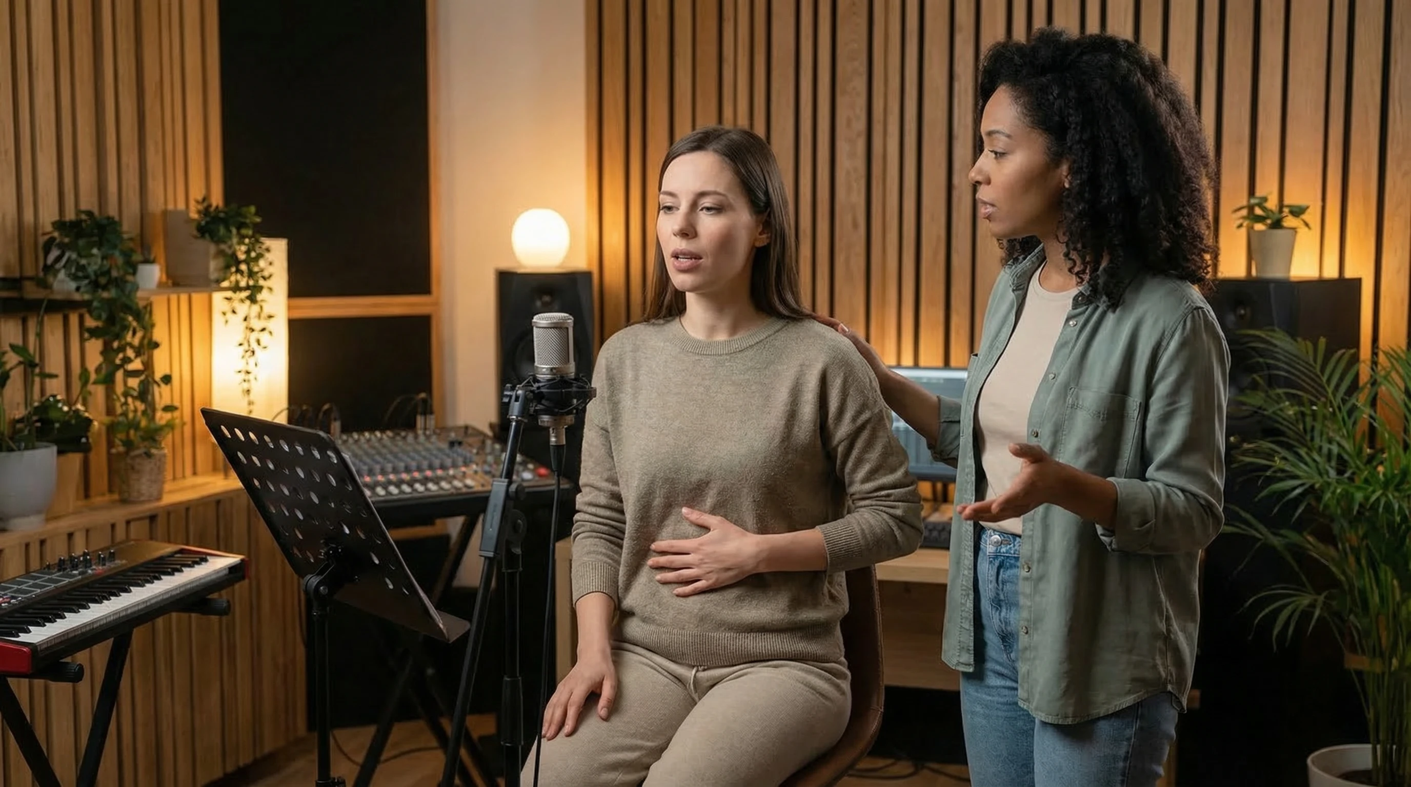 A picture of two women, a student and a vocal coach, practicing breathing exercises in a cozy studio
